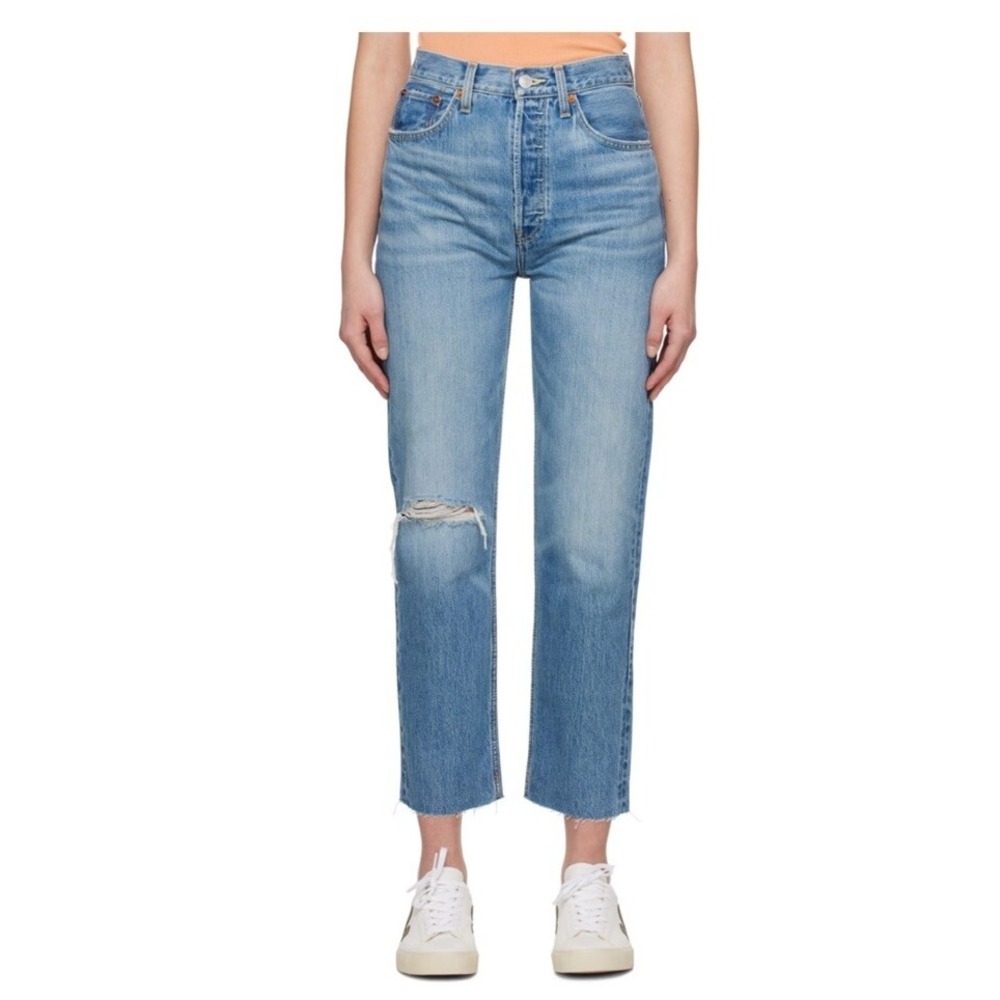 RE/DONE Blue 70s Stove Pipe Jeans Size 29 Medium Denim‎ Raw Hem Distressed Crop